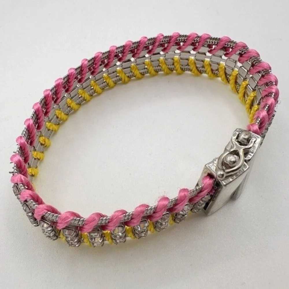 LOFT‎ Woven Rhinestone Cord Bracelet Silver Tone Pink Yellow Magnetic Clasp J-01
